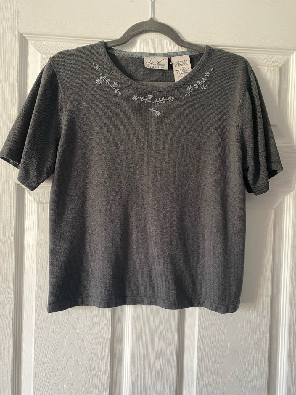 Kathie Lee collectionCharcoal Gray Short-Sleeve sweater with Neckline Embroidery